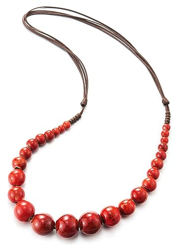 COOLSTEELANDBEYOND Rosso Perlina Collare Collana Statement Dichiarazione Collana Journey Ceramica Stringa di Perle, Cotone Corda Regolabile