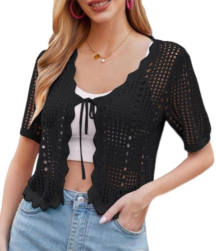 Kate Kasin Womens Cropped Cardigan Summer Hollow Cardigans Short Sleeve V-Neck Knitwear Casual/Beach/Vacation