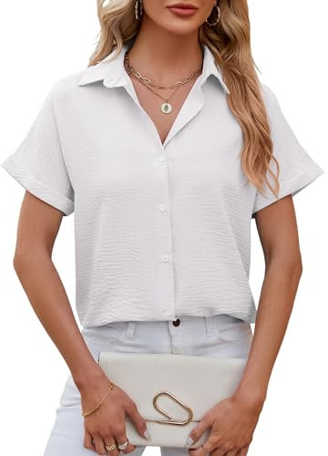 Decorie Bluse Damen Sommer Damenblusen Kurzarm Oberteile Damen Hemd Elegant Hemdbluse Casual Blusenshirt Leicht Sommerblusen (Weiß,M)