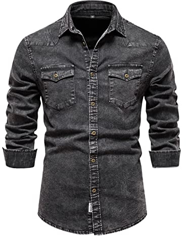 Chemise en jean décontractée, classique et rayée pour homme avec manches longues - Chemises de fête pour homme, Y5 - Noir., M