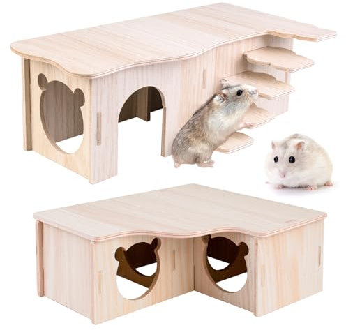 2 Stück Hamster Haus aus Holz, Hamster Mehrkammernhaus, Hamster Eckhaus Holz Hamsterhaus Hamster Versteck, Watchbox Hamster, Zwerghamster Zubehör für Den Käfig für Rennmäuse Ratten Meerschweinchen