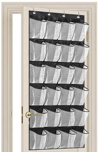 ZWQLZG Collapsible Hanging Shoe Storage, 24 Large Mesh Pockets Door Shoe Rack, Over The Door Shoes Storage, Shoe Organiser Hanging with 4 Metal Hooks, Door Rack for Kitchen Bedroom Bathroom