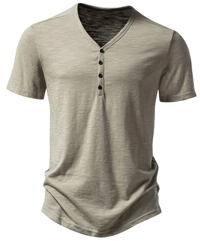 Henley T Shirt Mens Short Sleeve Muscle Slim Fit Tee Smart Casual Summer V Neck Half Button T-Shirt Fitted Collarless Polo Tops-Khaki-M