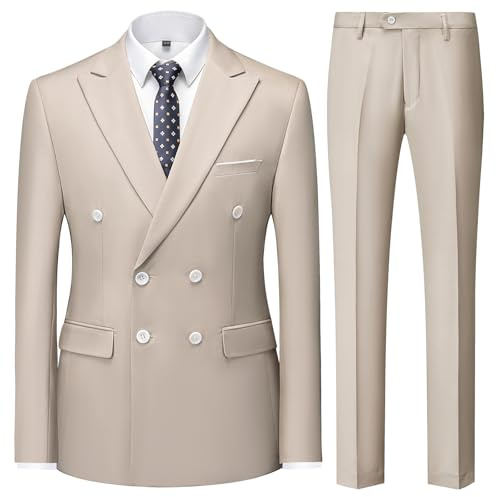 KUDMOL Men's 2-Piece Double Breasted Suit Peak Lapel Blazer Trousers Set