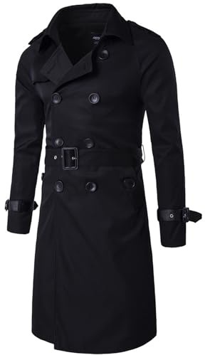 Aromm - Cappotto da uomo, vestibilità aderente, doppio petto, lungo, giacca antivento con cintura regolabile, Nero , XL