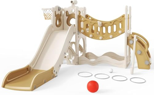 Toboggan pour enfant, grand toboggan pour tout-petit avec panier de basket, cadre d'escalade pour le jardin, telescope, espace de rangement, pour 1 à 3 ans, extra long 1700 mm (version six-en-un, élan