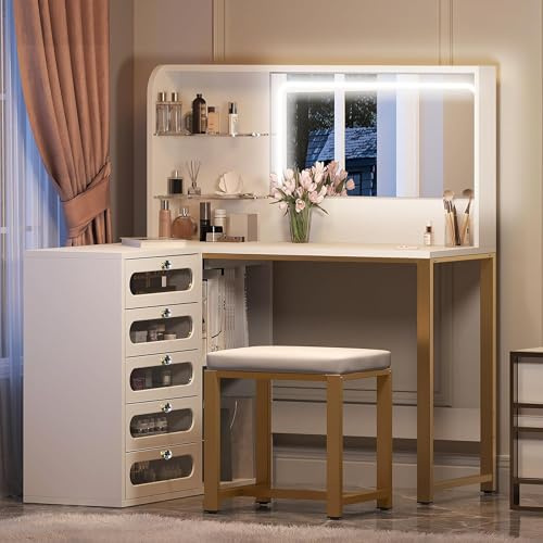 HYNHXBP L-format hörnsminkbord med spegel och LED-belysning, multifunktionellt sminkbord, justerbar pall och 5 praktiska förvaringslådor