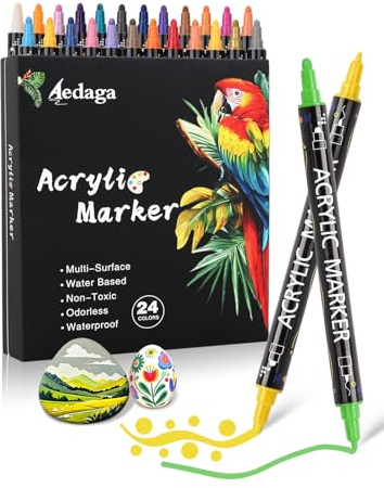 HornedDragon 24 färger akrylpennor set med dubbel spets, akrylmärkpenna (fin och rund spets), akrylmärkpennorset för vuxna, akrylfärgmarkörer för glas, sten, trä, duk