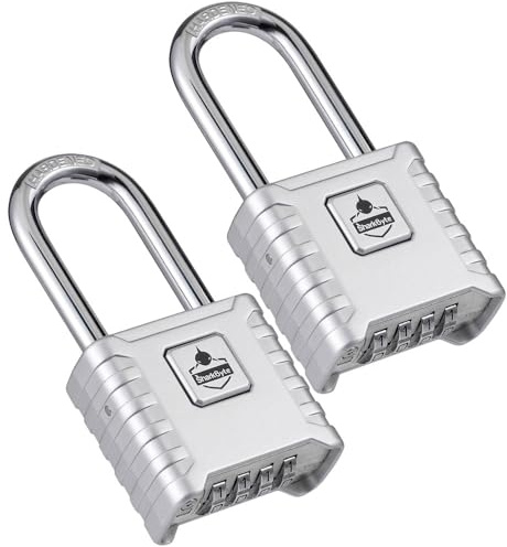 SharkByte Confezione da 2 lucchetti a combinazione ad arco lungo, resistenti alle intemperie, 52 mm, 4 cifre, ganci in acciaio inox da 8 mm, antiruggine e ripristinabili, per cancelli, recinzioni