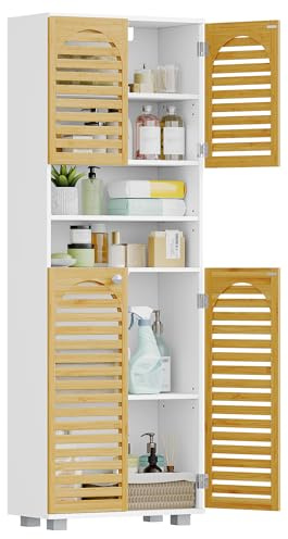 Hzuaneri Mueble Baño, Armario Alto Baño, Bambú, 4 Puertas, 2 Espacio Abierto, Estantes Ajustables, Mueble Auxiliar de Almacenaje para Salón, 30 x 60 x 171,5 cm, Blanco SC17103X