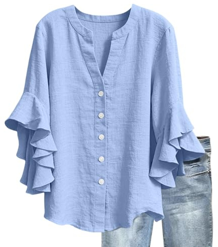 Znwerma women's fashion Womens Linen Tops 2026 Elegant 3/4 Ruffled Sleeves V Neck Button Summer Shirts Fashion Plus Size Solid T-shirts Ladies Loose Casual Spring Trendy Blouses Light Blue 3XL