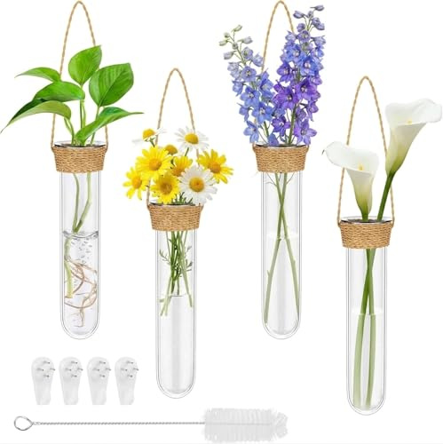 4 jarrones de tubos de ensayo, jarrón colgante, juego de cristal con gancho y cepillo de limpieza, jarrón de pared adecuado para plantas hidropónicas, decoración de ventanas y flores