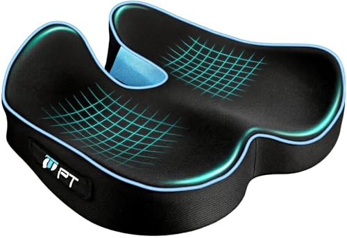 POOTACK Cuscino nero con bordo blu e maniglia per il trasporto, cuscino in memory foam per sedie da ufficio, antiscivolo e traspirante, portatile per sedili auto, sedie a rotelle e sedie da gioco