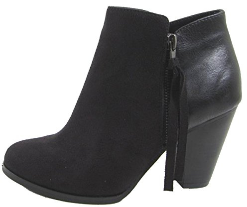 Soda Women's Ages Tassel Zip Chunky Heel Bootie,Black,8.5