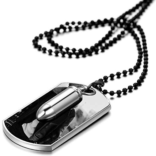JewelryWe Schmuck Herren Halskette mit Gravur, Dog Tag Patronenhülse Militärischen Erkennungsmarken Anhänger mit Kette Schwarz Silber