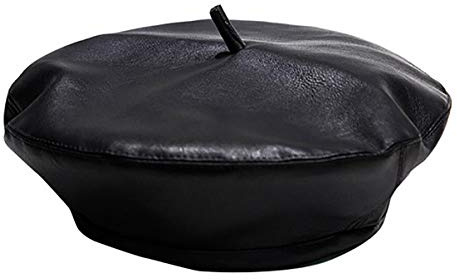 MINGSEECESS Women PU Leather French Black Beret Hat Causal Beanie Hat