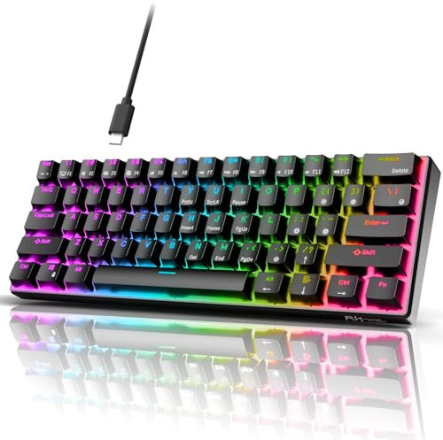 RK ROYAL KLUDGE RK61 QMK/VIA Custom 60% Mechanical Keyboard, Wired Gaming Keyboard Programmable 61 Keys RGB Backlit Ultra-Compact Hot-Swappable US Layout（Brown Switch，Black）