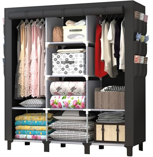 chunyangjingpin Portable Closet with 2 Hanging Rails & 8 Shelves, Bedroom Wardrobe with 18 Side Pockets, Foldable Garment Organiser (Black)