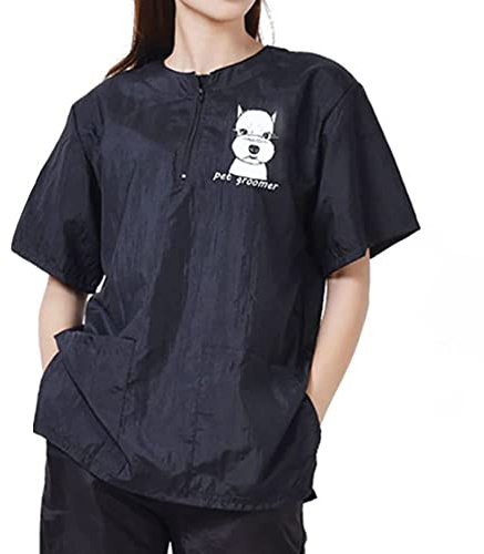 WAYUTO Grembiule a maniche corte per toelettatura animali domestici con cerniera Vestiti da lavoro per toelettatura del cane con 2 tasche Camicia per toelettatura cani Abbigliamento da lavoro per