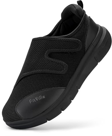 FitVille Diabetic Shoes for Men Extra Wide Width Orthopedic Slip-on Shoes Adjustable Closure Walking Sneakers with Arch Support Cushioning Therapeutic for Swollen Feet (9.5 Wide, Black)