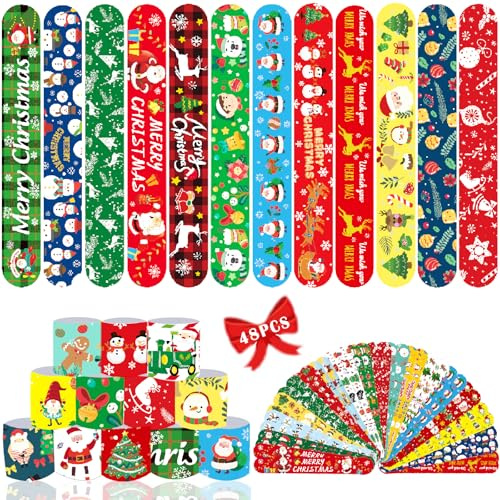 Acuiwer 48 Piezas Pulseras de Juguete Navidad Slap Christmas Slap Band Pulseras Bofetadas Fiesta Cumpleaños Rellenos de Bolsa para Niños Niñas