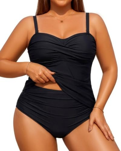 Aqua Eve Women Two Piece Plus Size Tankini Strapless Bathing Suits Bandeau Swimsuits with High Waisted Bottom, Black, 22 Plus