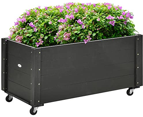 Outsunny Bac de Jardin Surélevé en Bois Massif avec Roulettes pour Plantation et Fleurs - 89x48x47cm pour Terrasse