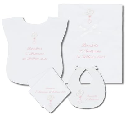 Coccole - Set 4 Pezzi per Battesimo Fazzoletto, Bavaglino, Vestina e Busta - Set Completo Personalizzato con Nome e Data a Tema Stella Rosa - Kit 4 Pezzi Battesimo in Tessuto Piquet
