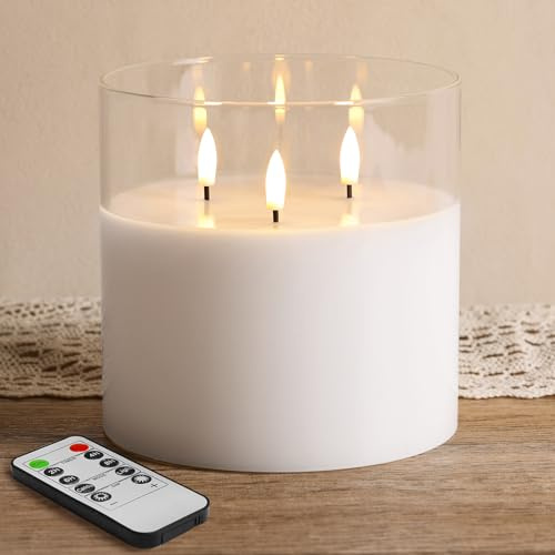 Eywamage 3 Wick Clear Glass Flameless Candle with Remote, Large Flickering LED Battery Pillar Candle Φ 6 H 6