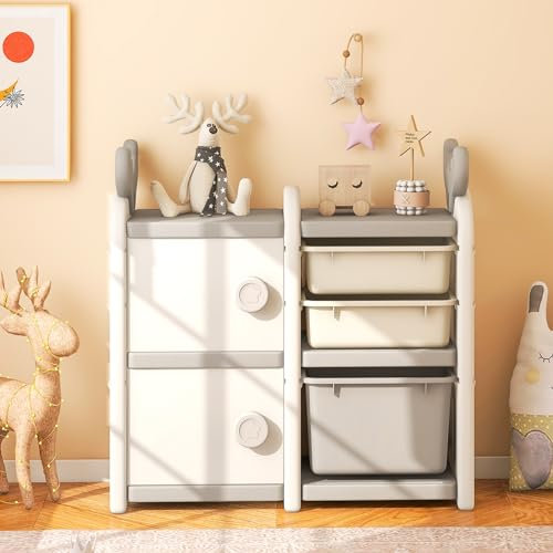 DREAMADE Kinderregal mit 3 Aufbewahrungsboxen und 2 Schränke, Aufbewahrungsregal für Kinder Spielzeug-Organizer, Spielzeugregal für Kinderzimmer Wohnzimmer Kindergarten 78 x 32 x 78 cm Beige
