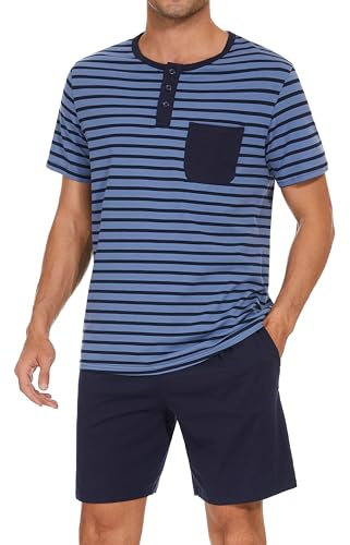 Leversic Pigiami Uomo Estivi Pigiama Uomo Cotone Corte Pigiama Uomo Estivo 2 Pezzi Pigiama Maniche Corte Uomo Leggero e Morbido Blu Cobalto XXL