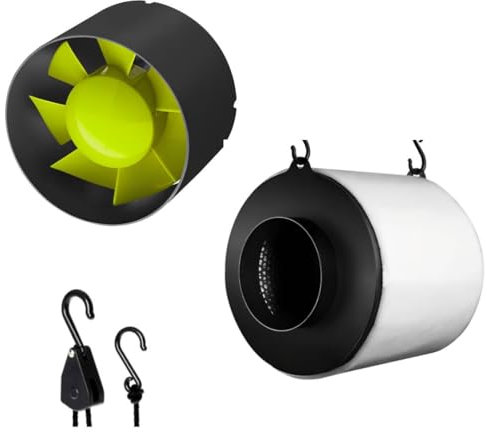 Kit de extracción Eco Gardens per idroponia. Il Kit è composto da Estrattore di base, Filtro e pulegge. Estrattore 125ø 190m3/h + Proactiv 125ø 250mlh + Pack pulegge Lightanger 5kg