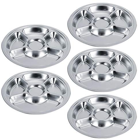 Kids Plates, 5Pcs Portion Control Plate Compartment Tray Stainless Steel Dinner Plates Metal Plates Fondue Plates Divided for Kid(5 Grids)