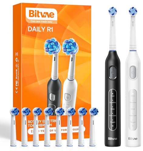Bitvae Rotating Electric Toothbrush 2 Packs for Adults and Kids, 8 Brush Heads 60-Day Battery Life, 5 Modes Power Toothbrush with 2-Minute Smart Timer, Black & White, R1