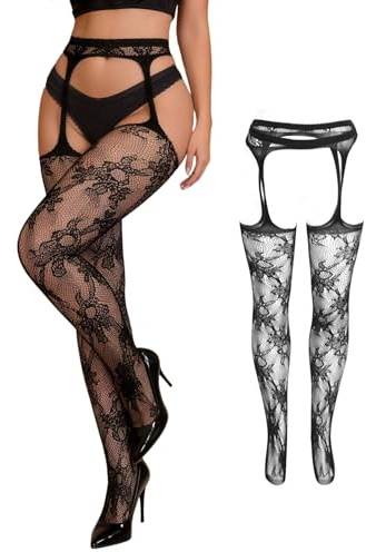 comeondear Calze a Rete Donna Taglie Forti Reggicalze Calze Autoreggenti con Bretelle Collant Vita a Giarrettiera con Pizzo Floreale Elastica Lingerie Sexy Hot Collant Trasprente Nero,L-XXL