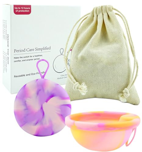Vmxlso 2 Stück Menstruationsscheibe, Menstrual Disc, Wiederverwendbare Periodenscheibe, Menstruationstasse aus Silikon mit Silikonbox, Alternative zu Tampons, für Sport, Schwimmen, Auslaufsicher S+L