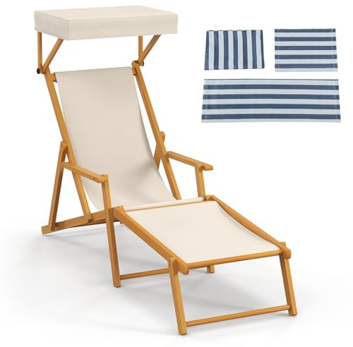 COSTWAY Sonnenliege mit Dach, klappbare Gartenliege mit Verstellbarer Rückenlehne, Liegestuhl Holz, Terrassenliege, Strandliege mit Ersatzteilen für Garten, Strand, Pool