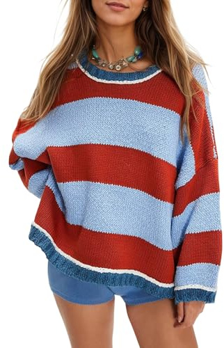Fnortc Women's Chunky Knit Striped Sweaters Casual Long Sleeve Crew Neck Oversized Pullover Sweater Winter Fall Spring Tops(Brown,L)