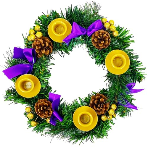 JUST FOR PARTY 14” Christmas Advent Wreaths, Purple Ribbon and Brown Pinecone, 4 Advent Candle Holder Wreath for Winter Holidays Home Decor