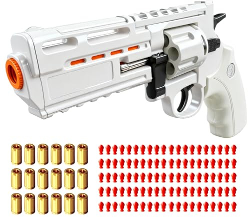 BSHSM Tactical Gray Revolver Toy Gun for 8+ Year Olds - Training Blaster with Steel Ejector Rod, 18 Shells & 100 Foam Bullets, 32FT Range, Auto-Loading Cylinder for Outdoor Games