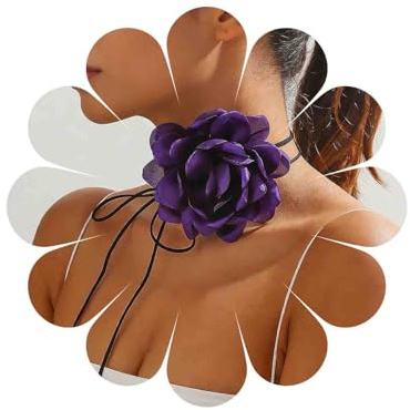 Katshdan Collier Ras Du Cou Fleur Rose Rouge pour Femmes Collier Ras Du Cou Rose Énorme Collier Floral Colliers Grande Fleur Longs Colliers Wrap (Violet)