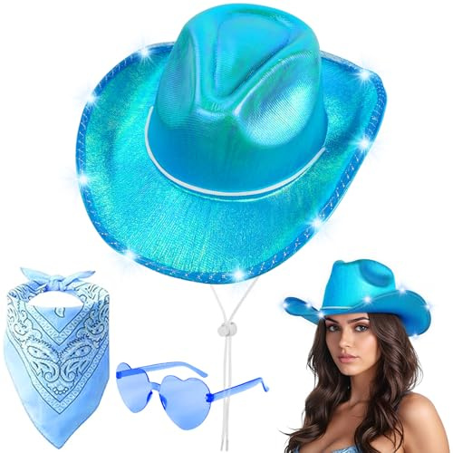 Aomig Chapeau de Cowboy Western Lumineux avec Bord LED Clignotant- Déguisement pour Adultes avec Lunettes de Soleil et Bandana - Accessoires de Costume pour Halloween et Carnaval(Bleu)