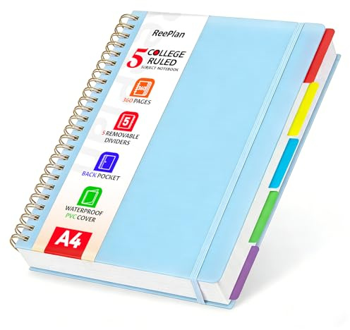 ReePlan 360 Pages A4 Spiral Notebook, 5 Subject Notebooks College Ruled, 100 GSM Thick Paper Lined Journal, Large Note Book with Removable Dividers for School, Office, Work and Writing (Blue)