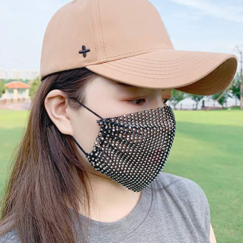 Dioche Femmes Gaze Paillettes Lavable Réutilisable Bijoux en Couverture de Visage pour Fête D'Halloween Valentine Carnaval Ball Nylon (BLACK)