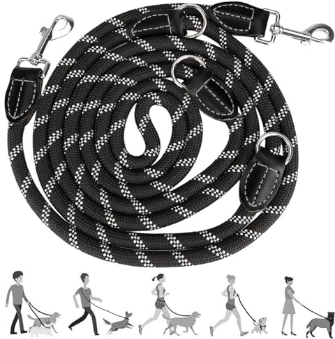2 m Adjustable Dog Lead, Tangle-Free Reflective Hands-Free Dog Lead with 2 Carabiners, Versatile Nylon Lead and Shoulder Lead, Dog Lead for Large and Medium Dogs (Black)