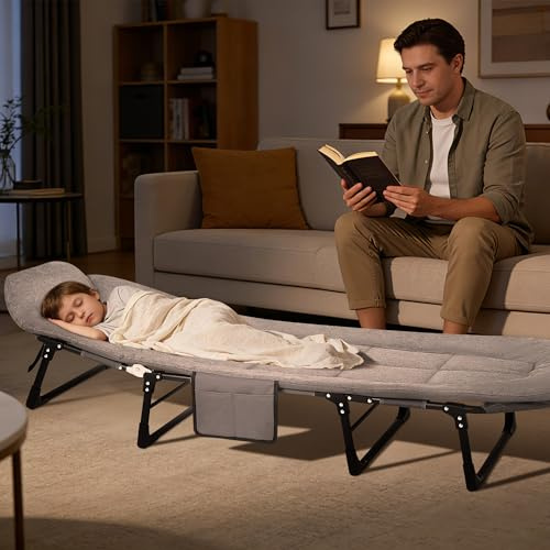 GarveeLife Folding Camp Bed with Mattress and Side Pocket, Adjustable Camping Bed Foldable Guest Bed up to 200 kg Carp Lounger Camping Lounger Garden Lounger for Indoor Outdoor Garden 190 x 65 x 30 cm