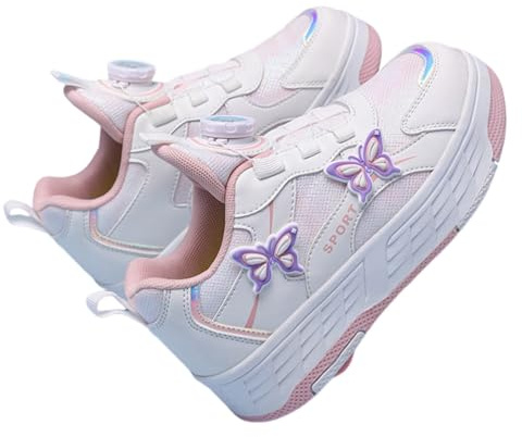 Surwin Zapatillas con 4 Ruedas Niña,Zapatos con Patines para Niñas Zapatos Deportivos de Niños con Ruedas 2 en 1 Hebilla Giratoria Decoración Mariposa Zapatillas de Skateboard 30-40 EU (Rosa,30)
