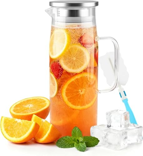 Foymlon Caraffa in Vetro Borosilicato da 1,5 Litri con Coperchio - Resistente al Calore, Brocca per Acqua Calda e Fredda, Tè Freddo, Vino, Caffè, Latte e Succo - Bollitore Trasparente