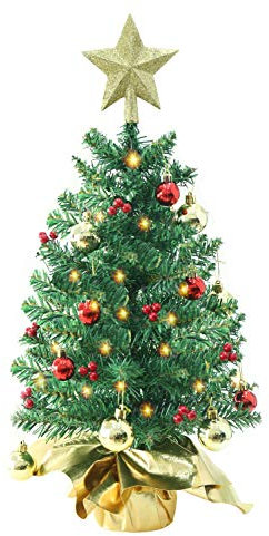 Liecho 24 Inch Tabletop Mini Christmas Tree, Miniature Pine Christmas Tree with Hanging Ornaments, Battery Operated Artificial Xmas Tree, Best DIY Christmas Decorations-Gold