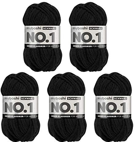 myboshi Strick- und Häkelgarn, Modell No.1 mit Merinowolle, dickes Garn, Acrylharz, Schwarz, 5_Knäuel